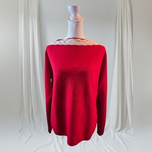 St. John Red Sweater with Cream Neckline